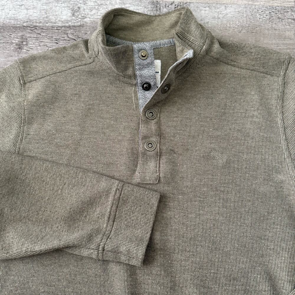Tommy Bahama Ribbed Mock Neck Pullover Men Medium Olive Green Heather 1/4 Button